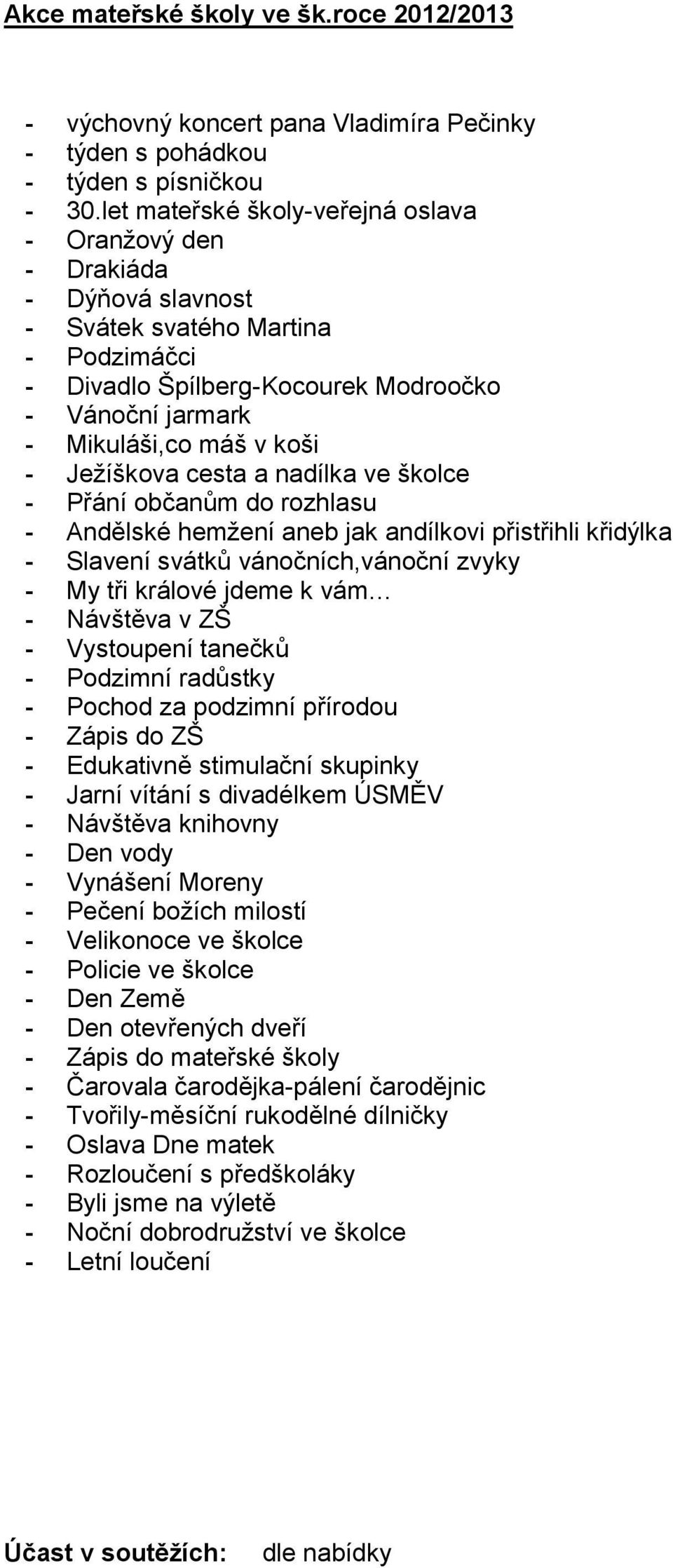 Ježíškova cesta a nadílka ve školce - Přání občanům do rozhlasu - Andělské hemžení aneb jak andílkovi přistřihli křidýlka - Slavení svátků vánočních,vánoční zvyky - My tři králové jdeme k vám -