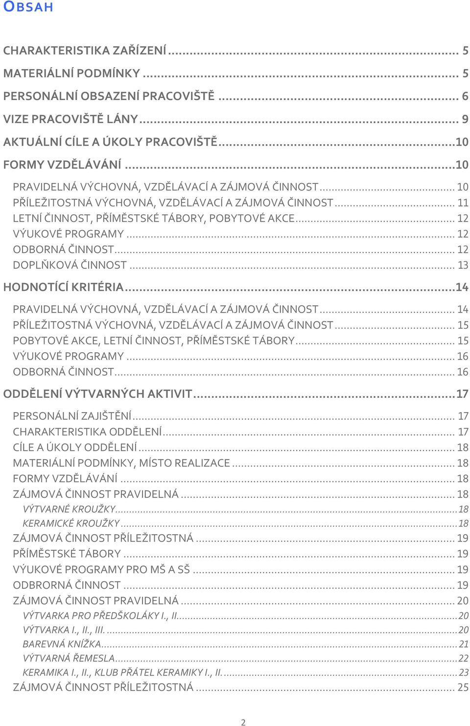 .. 12 ODBORNÁ ČINNOST... 12 DOPLŇKOVÁ ČINNOST... 13 HODNOTÍCÍ KRITÉRIA... 14 PRAVIDELNÁ VÝCHOVNÁ, VZDĚLÁVACÍ A ZÁJMOVÁ ČINNOST... 14 PŘÍLEŽITOSTNÁ VÝCHOVNÁ, VZDĚLÁVACÍ A ZÁJMOVÁ ČINNOST.