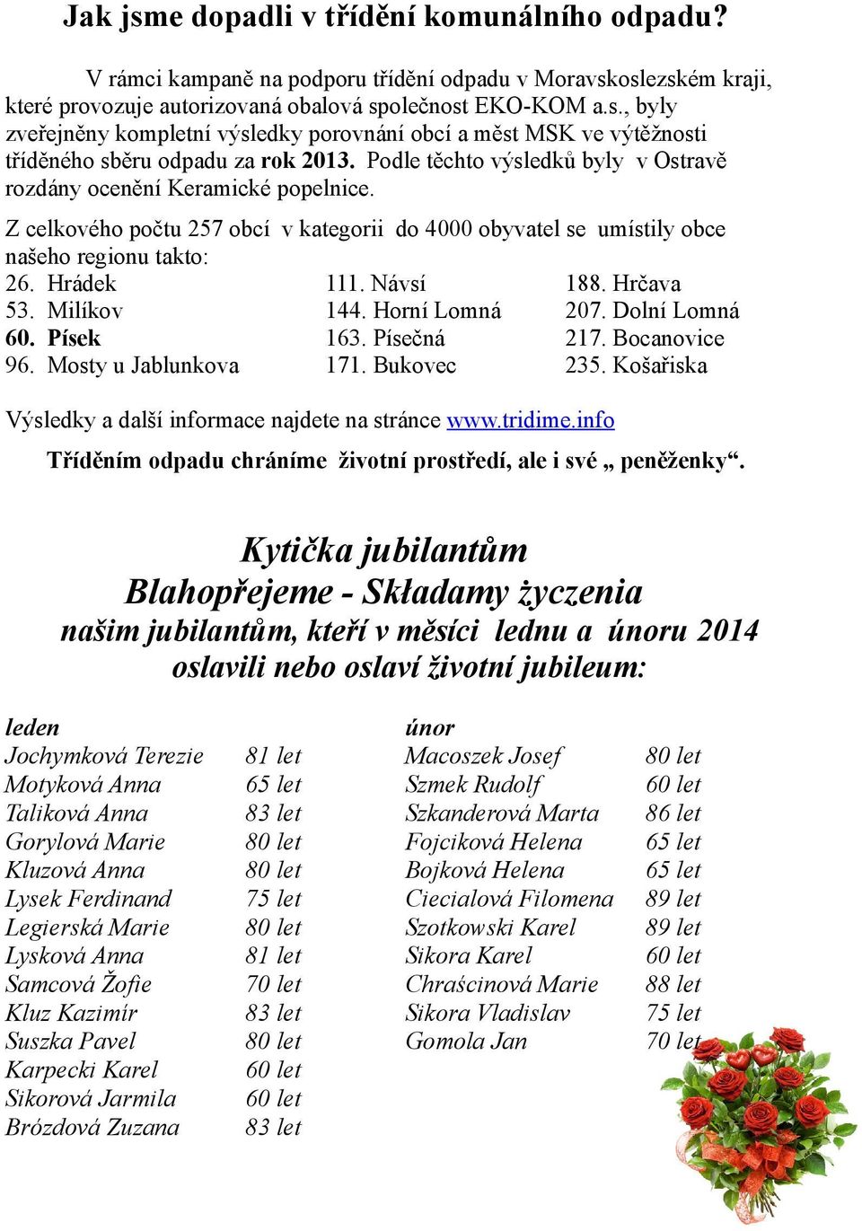 Hrčava 53. Milíkov 144. Horní Lomná 207. Dolní Lomná 60. Písek 163. Písečná 217. Bocanovice 96. Mosty u Jablunkova 171. Bukovec 235. Košařiska Výsledky a další informace najdete na stránce www.