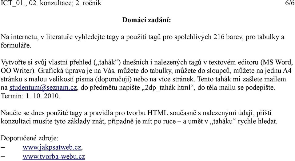 Grafická úprava je na Vás, můžete do tabulky, můžete do sloupců, můžete na jednu A4 stránku s malou velikostí písma (doporučuji) nebo na více stránek.