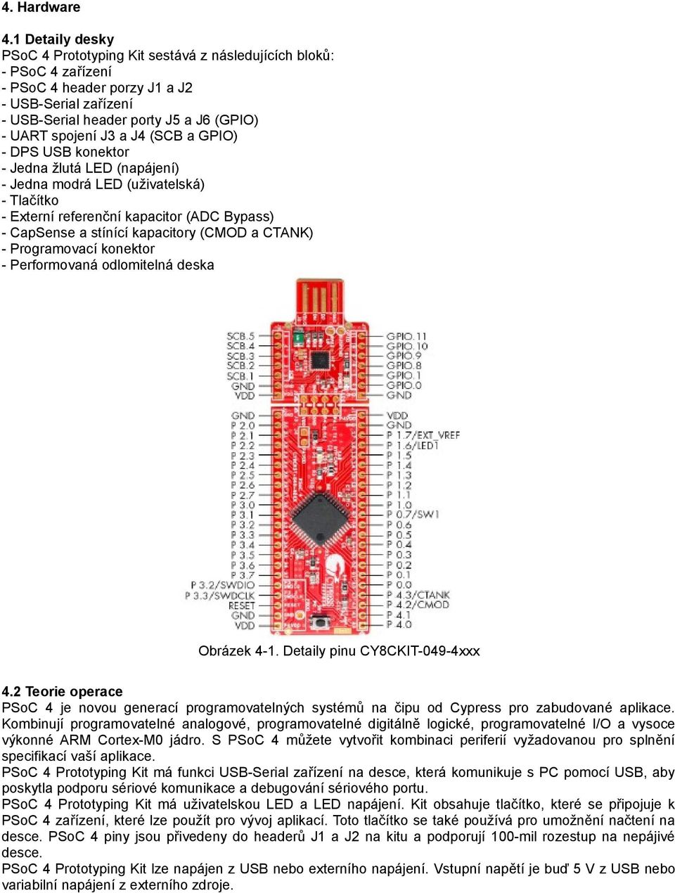 (SCB a ) - DPS USB konektor - Jedna žlutá LED (napájení) - Jedna modrá LED (uživatelská) - Tlačítko - Externí referenční kapacitor (ADC Bypass) - CapSense a stínící kapacitory (CMOD a CTANK) -