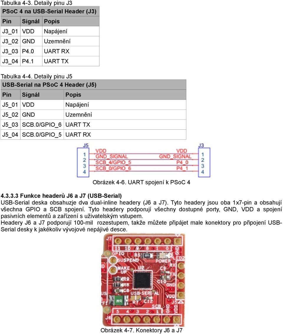 SCB.0/_6 UART TX J5_04 SCB.0/_5 UART RX Obrázek 4-6. UART spojení k PSoC 4 4.3.3.3 Funkce headerů J6 a J7 (USB-Serial) USB-Serial deska obsahuzje dva dual-inline headery (J6 a J7).