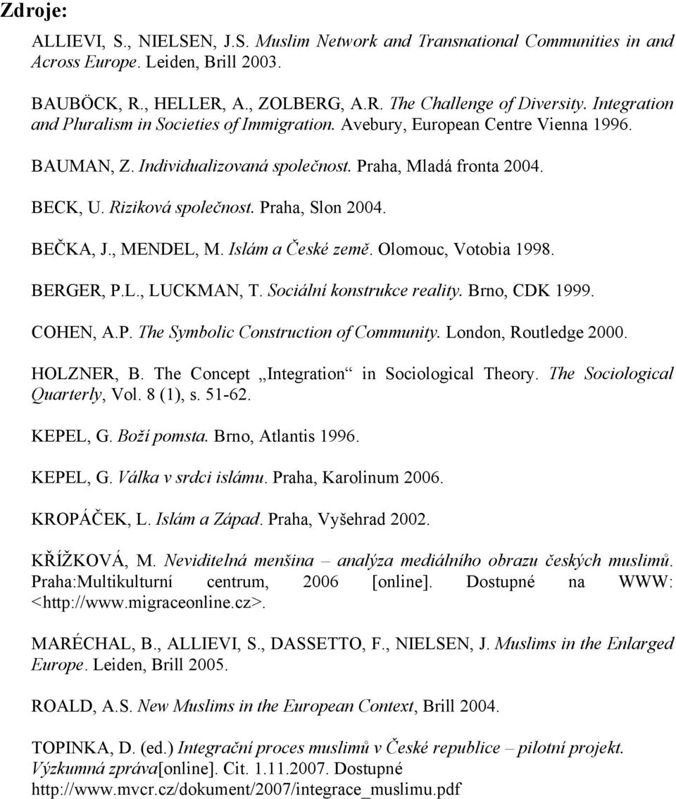 Praha, Slon 2004. BEČKA, J., MENDEL, M. Islám a České země. Olomouc, Votobia 1998. BERGER, P.L., LUCKMAN, T. Sociální konstrukce reality. Brno, CDK 1999. COHEN, A.P. The Symbolic Construction of Community.