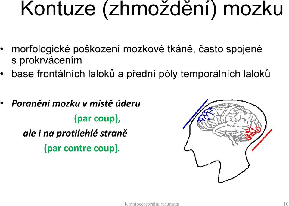 temporálních laloků Poranění mozku v místě úderu (par coup), ale i