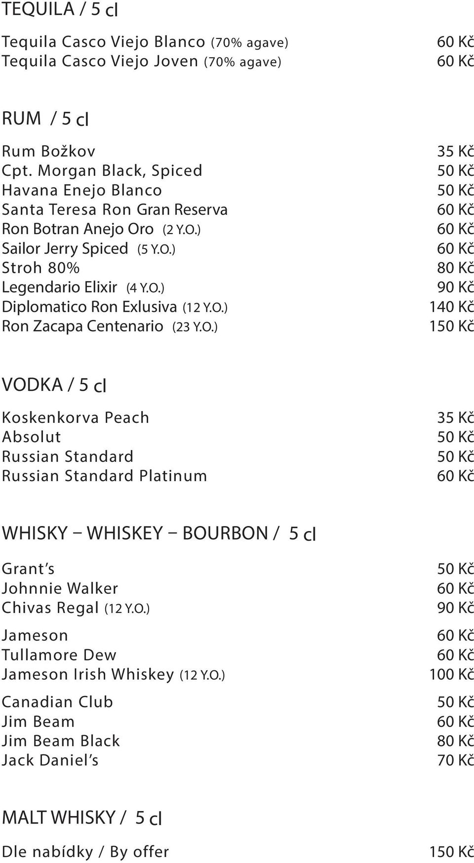 O.) Ron Zacapa Centenario (23 Y.O.) 80 Kč 90 Kč 1 1 VODKA / 5 cl Koskenkorva Peach Absolut Russian Standard Russian Standard Platinum WHISKY WHISKEY BOURBON / 5 cl Grant s Johnnie Walker Chivas Regal (12 Y.