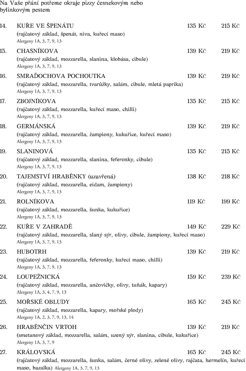 ZBOJNÍKOVA 135 KČ 215 KČ (rajčatový základ, mozzarella, kuřecí maso, chilli) 18. GERMÁNSKÁ 139 KČ 219 KČ (rajčatový základ, mozzarella, žampiony, kukuřice, kuřecí maso) 19.