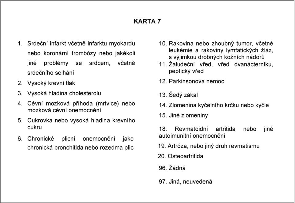 Rakovina nebo zhoubný tumor, včetně leukémie a rakoviny lymfatických žláz, s výjimkou drobných kožních nádorů 11. Žaludeční vřed, vřed dvanácterníku, peptický vřed 12. Parkinsonova nemoc 13.