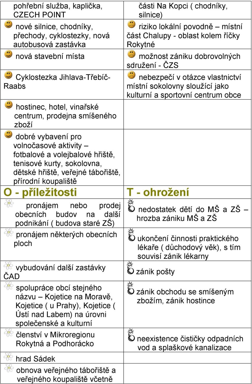 pronájem nebo prodej obecních budov na další podnikání ( budova staré ZŠ) pronájem některých obecních ploch vybudování další zastávky ČAD spolupráce obcí stejného názvu Kojetice na Moravě, Kojetice (