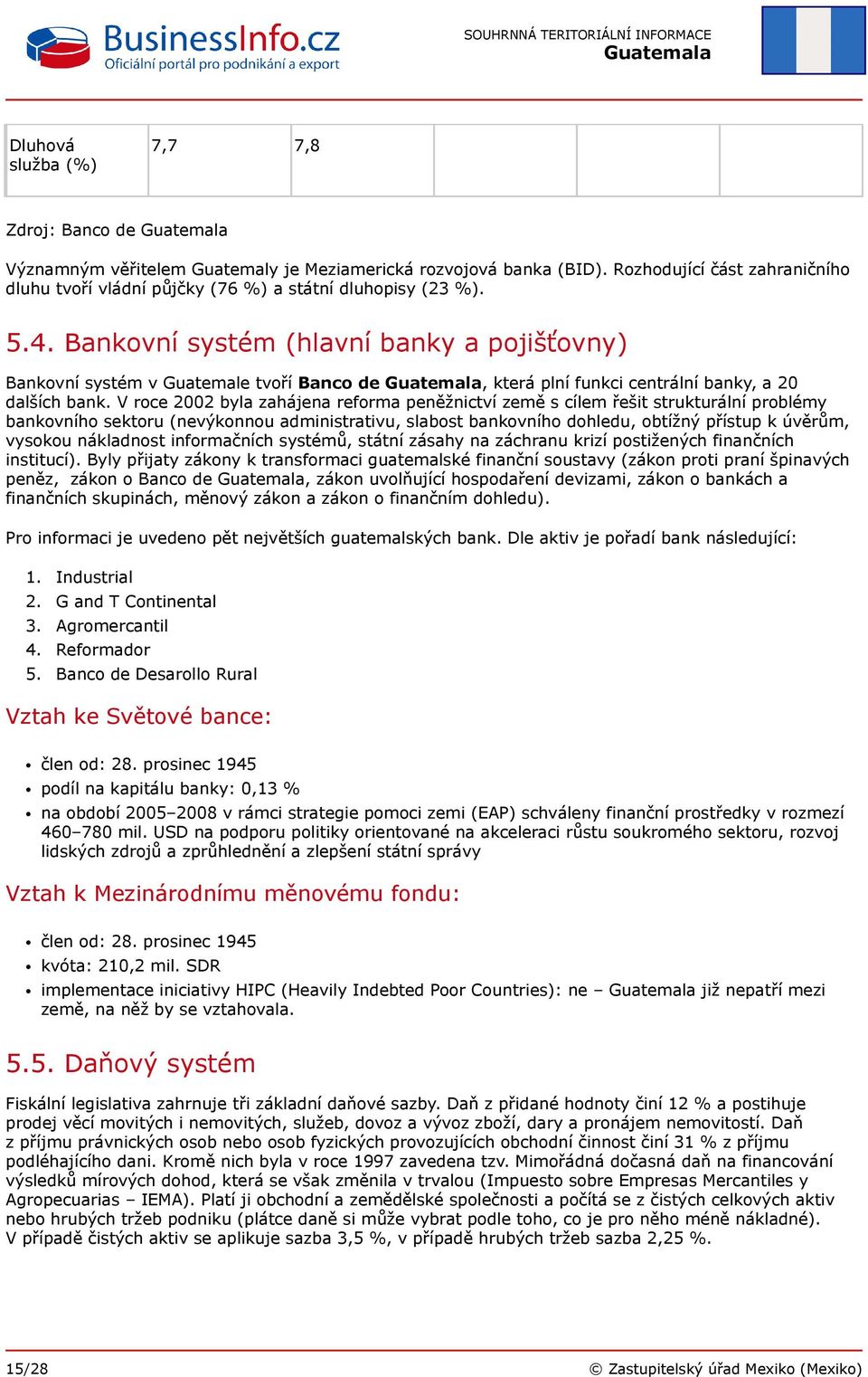 Bankovní systém (hlavní banky a pojišťovny) Bankovní systém v Guatemale tvoří Banco de, která plní funkci centrální banky, a 20 dalších bank.