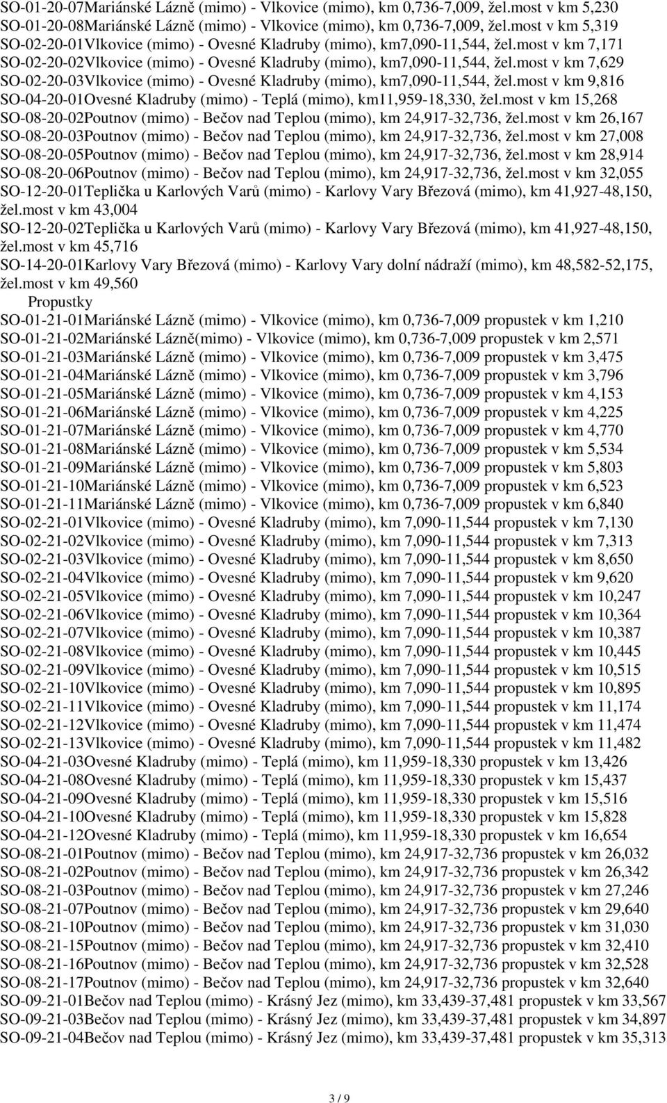 most v km 7,629 SO-02-20-03Vlkovice (mimo) - Ovesné Kladruby (mimo), km7,090-11,544, žel.most v km 9,816 SO-04-20-01Ovesné Kladruby (mimo) - Teplá (mimo), km11,959-18,330, žel.