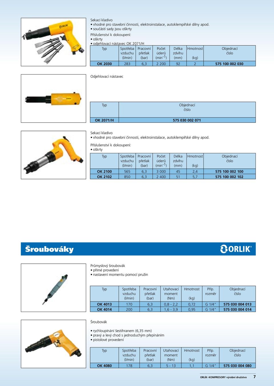 071  Příslušenství k dokoupení: oškrty OK 2100 OK 2102 565 850 Počet úderů 3 000 2 400 Délka zdvihu 45 51 2,4 5,7 575 100 002 100 575 100 002 102 Šroubováky Průmyslový šroubovák přímé provedení