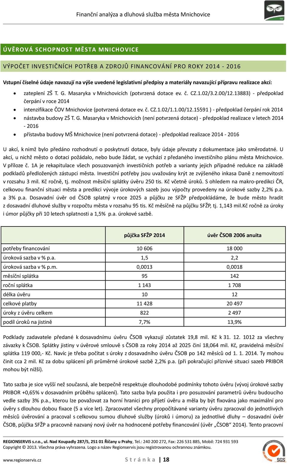 13883) - předpoklad čerpání v roce 2014 intenzifikace ČOV Mnichovice (potvrzená dotace ev. č. CZ.1.02/1.1.00/12.15591 ) - předpoklad čerpání rok 2014 nástavba budovy ZŠ T. G.