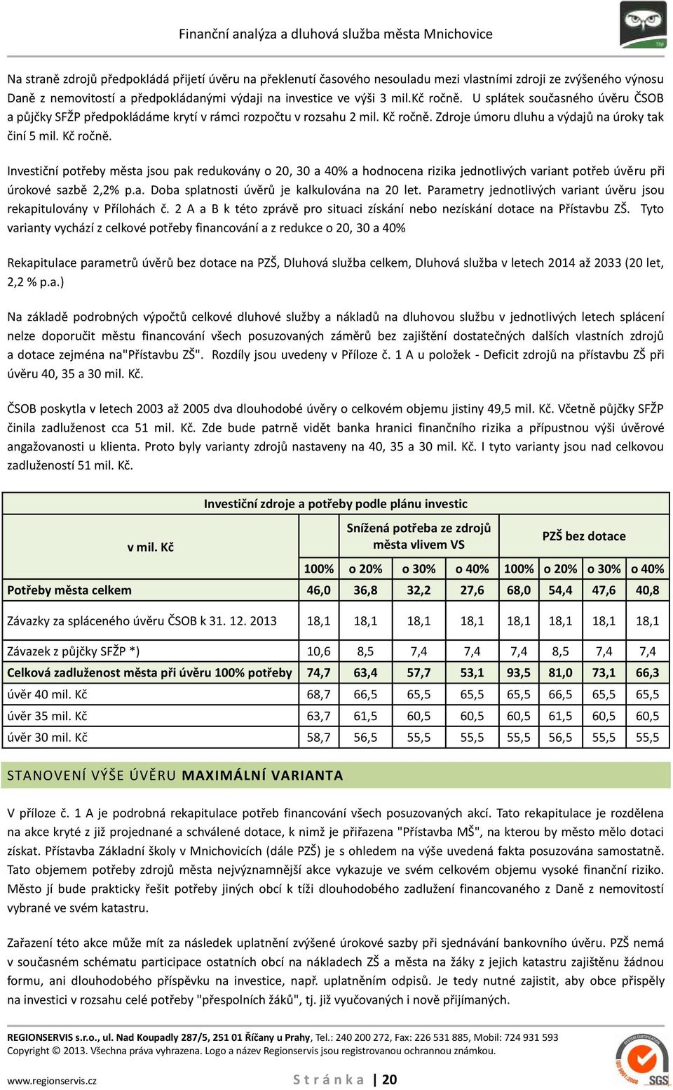 Zdroje úmoru dluhu a výdajů na úroky tak činí 5 mil. Kč ročně. Investiční potřeby města jsou pak redukovány o 20, 30 a 40% a hodnocena rizika jednotlivých variant potřeb u při úrokové sazbě 2,2% p.a. Doba splatnosti ů je kalkulována na 20 let.