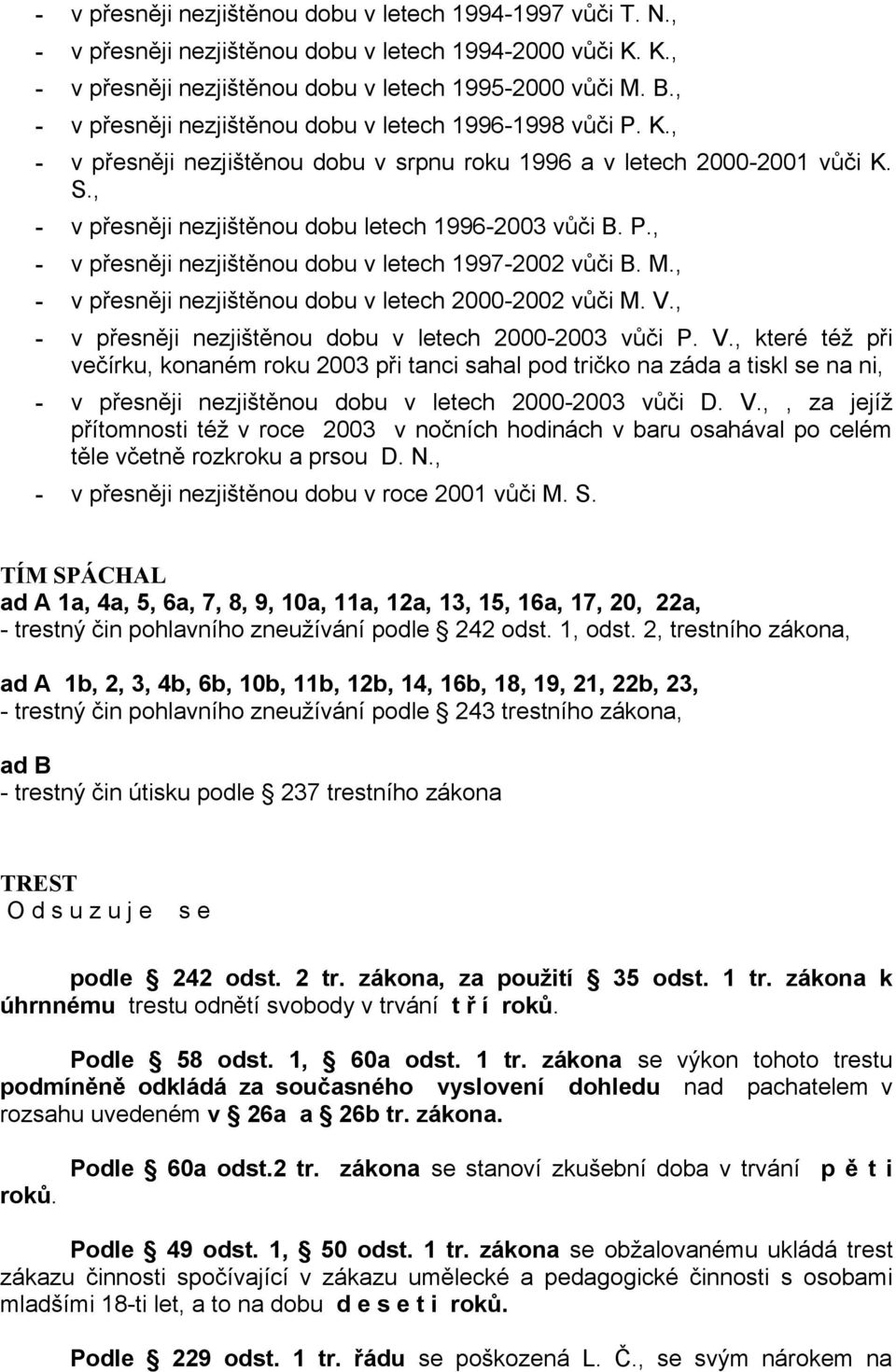 P., - v přesněji nezjištěnou dobu v letech 1997-2002 vůči B. M., - v přesněji nezjištěnou dobu v letech 2000-2002 vůči M. V.