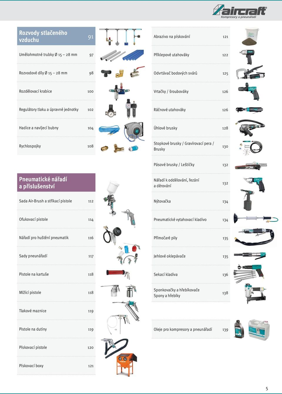 Gravírovací pera / Brusky 130 Pásové brusky / Leštičky 132 Pneumatické nářadí a příslušenství Nářadí k oddělování, řezání a děrování 132 Sada Air-Brush a stříkací pistole 112 Nýtovačka 134 Ofukovací