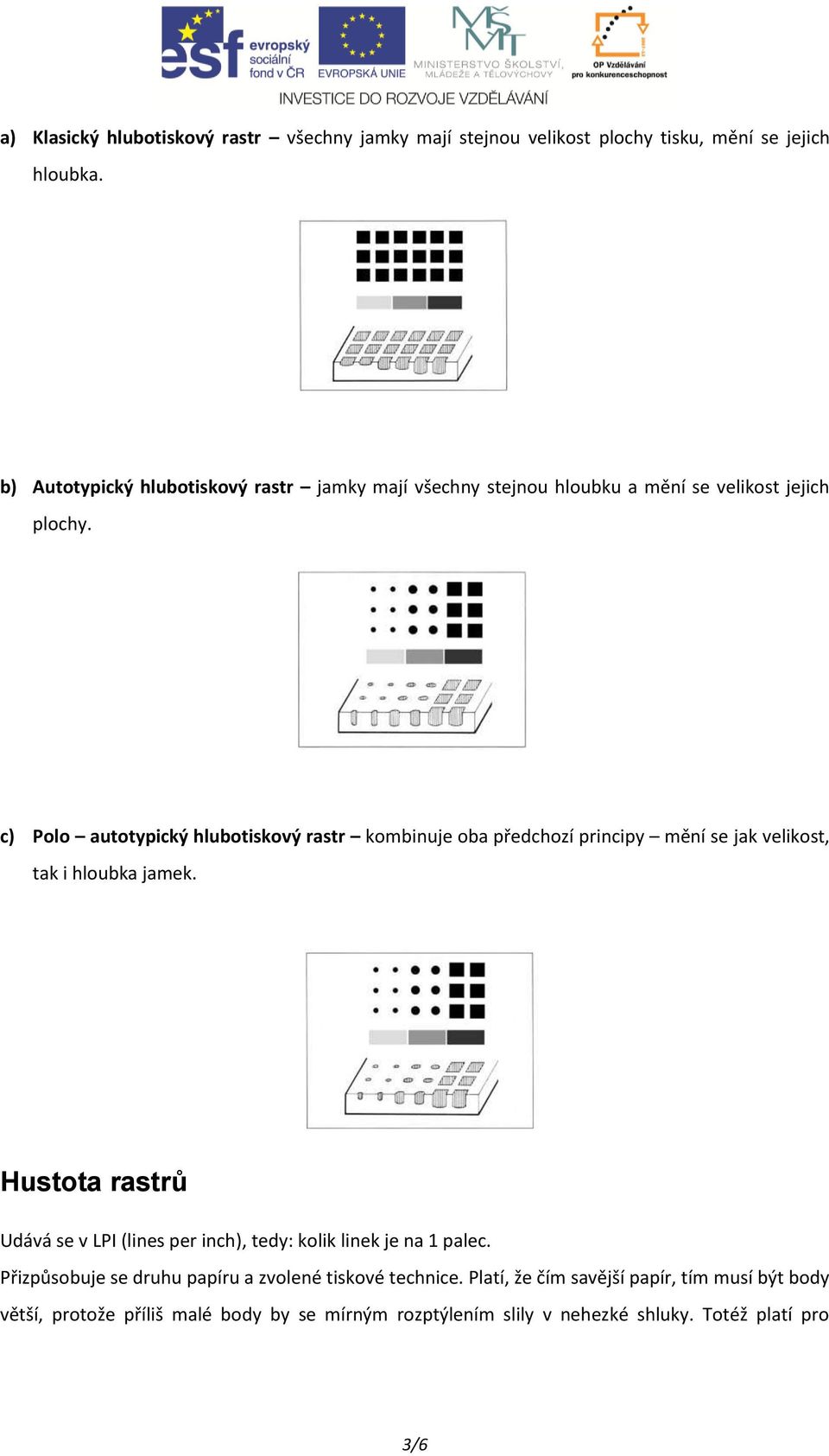 c) Polo autotypický hlubotiskový rastr kombinuje oba předchozí principy mění se jak velikost, tak i hloubka jamek.