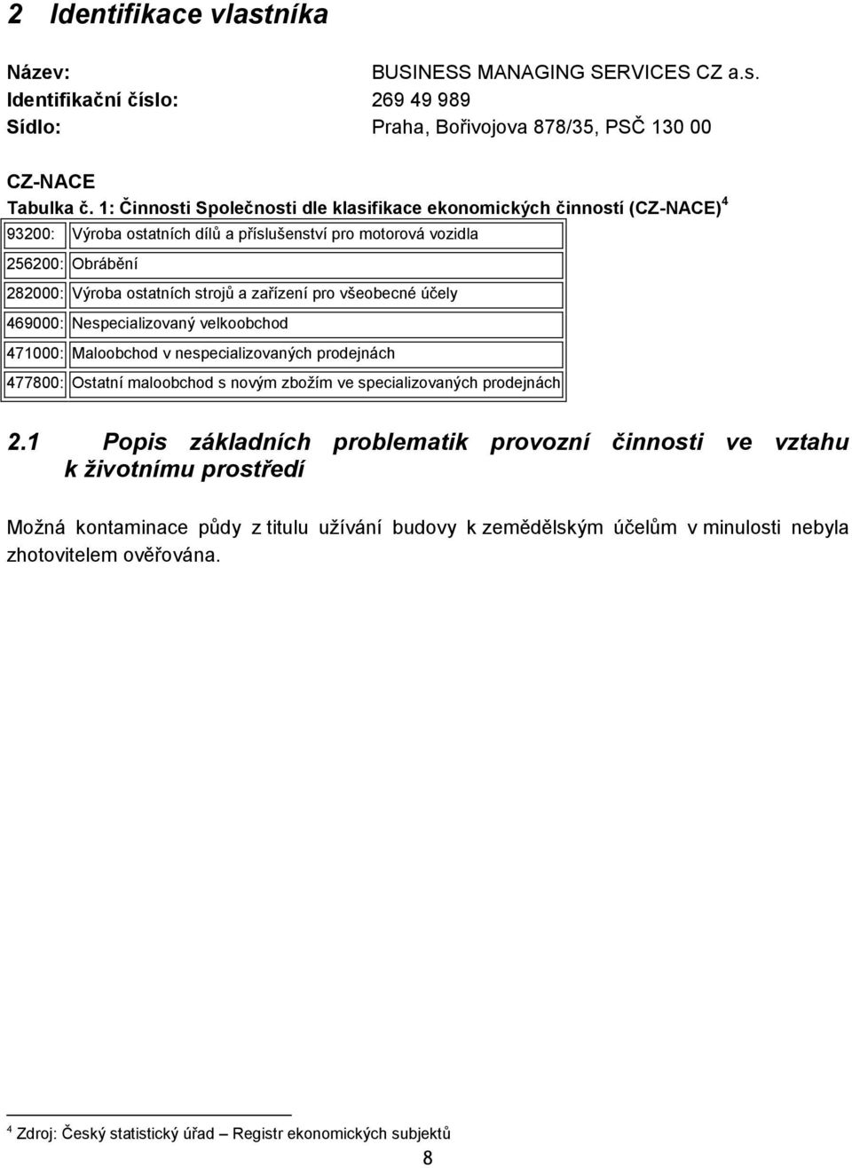 pro všeobecné účely 469000: Nespecializovaný velkoobchod 471000: Maloobchod v nespecializovaných prodejnách 477800: Ostatní maloobchod s novým zboţím ve specializovaných prodejnách 2.