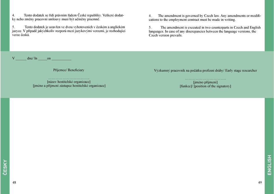 Any amendments or modifications to the employment contract must be made in writing. 5. The amendment is executed in two counterparts in Czech and English languages.