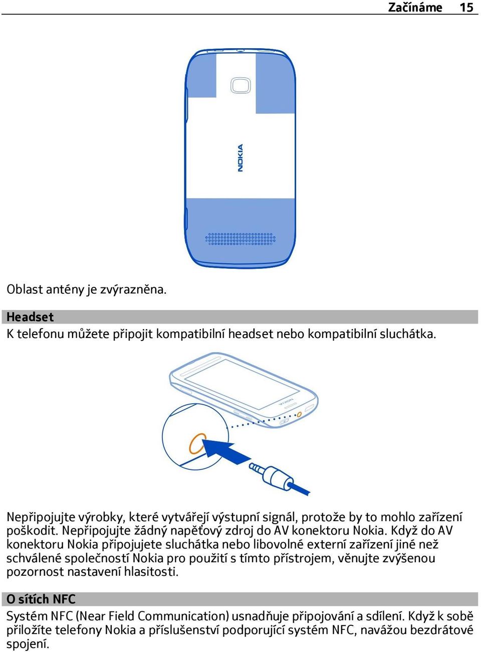 Když do AV konektoru Nokia připojujete sluchátka nebo libovolné externí zařízení jiné než schválené společností Nokia pro použití s tímto přístrojem, věnujte