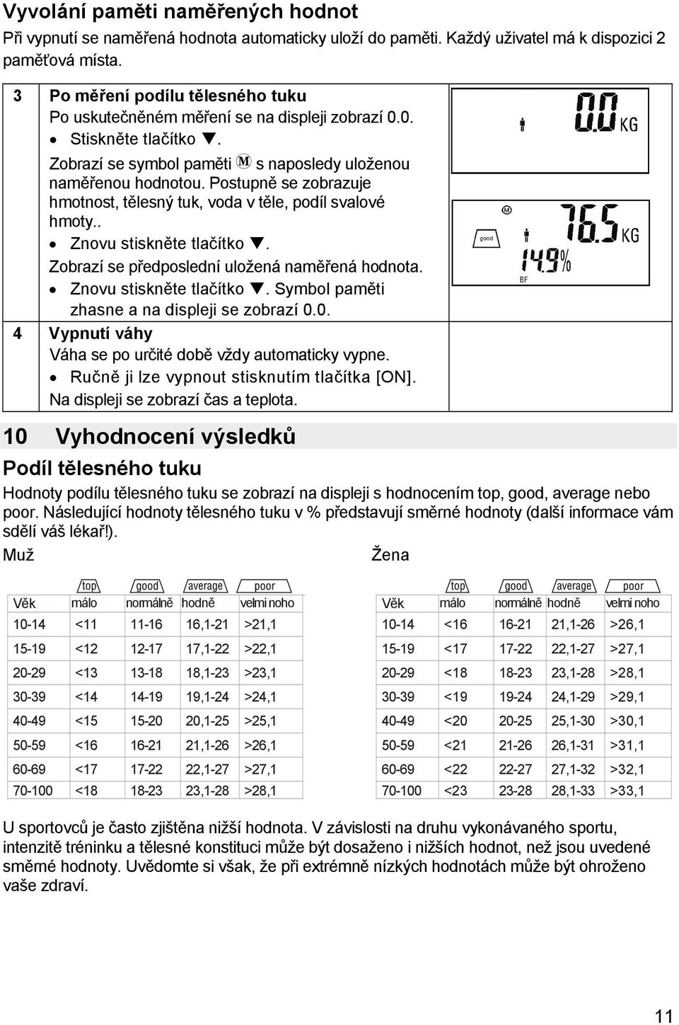 Postupně se zobrazuje hmotnost, tělesný tuk, voda v těle, podíl svalové hmoty.. Znovu stiskněte tlačítko. Zobrazí se předposlední uložená naměřená hodnota. Znovu stiskněte tlačítko. Symbol paměti zhasne a na displeji se zobrazí 0.