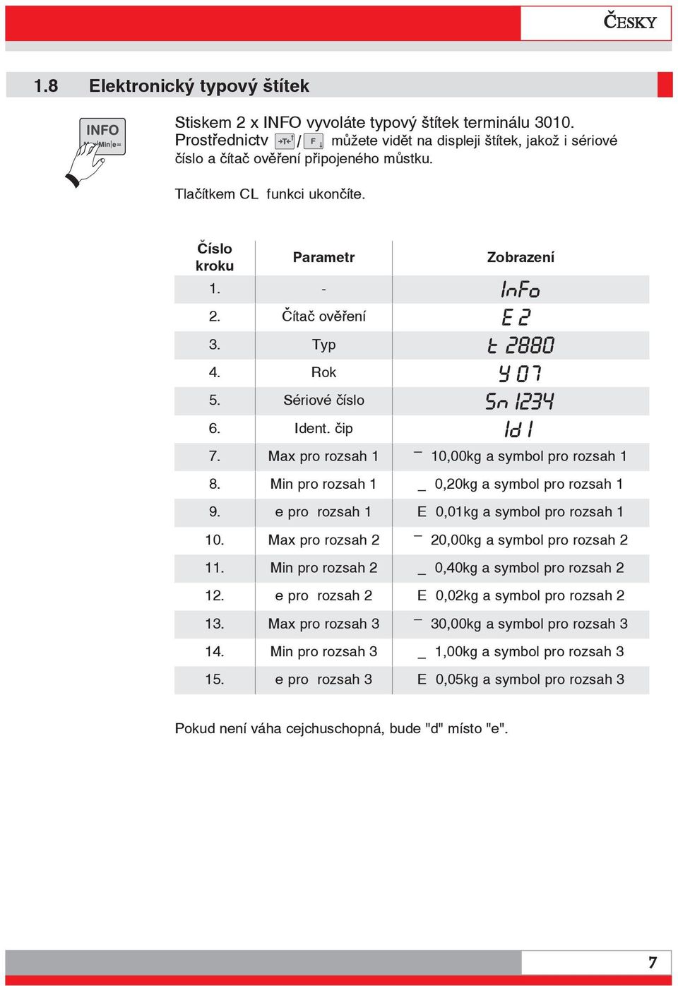 Min pro rozsah 1 _ 0,20kg a symbol pro rozsah 1 9. e pro rozsah 1 E 0,01kg a symbol pro rozsah 1 10. Max pro rozsah 2 _ 20,00kg a symbol pro rozsah 2 11.