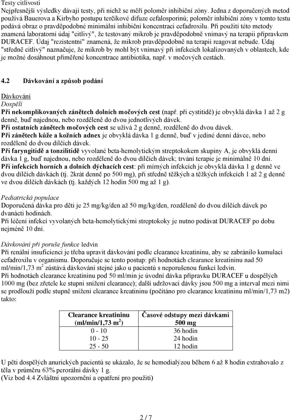 cefadroxilu. Při použití této metody znamená laboratorní údaj "citlivý", že testovaný mikrob je pravděpodobně vnímavý na terapii přípravkem DURACEF.