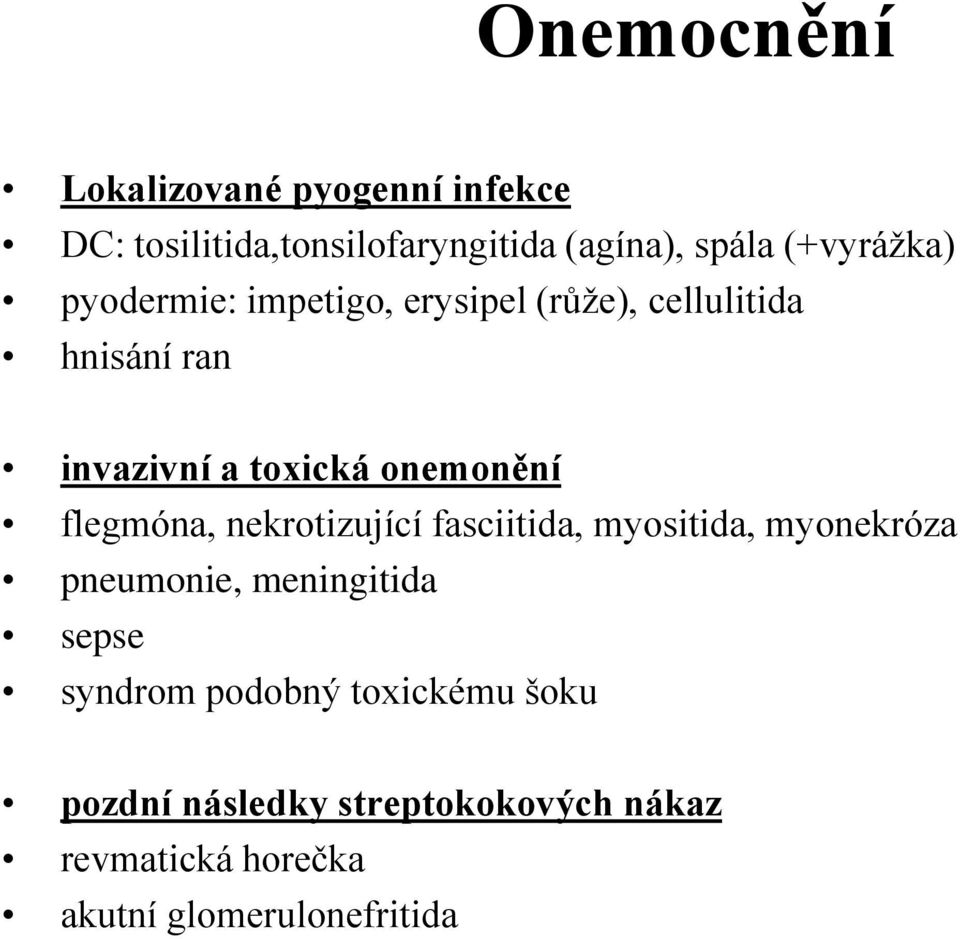 onemonění flegmóna, nekrotizující fasciitida, myositida, myonekróza pneumonie, meningitida sepse