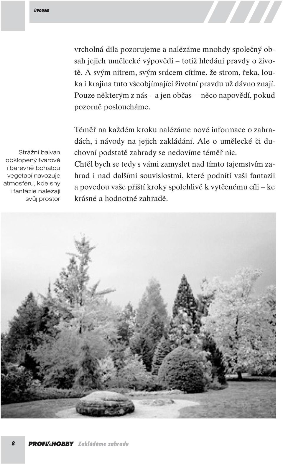 Strážní balvan obklopený tvarově i barevně bohatou vegetací navozuje atmosféru, kde sny i fantazie nalézají svůj prostor Témûfi na kaïdém kroku nalézáme nové informace o zahradách, i návody na jejich