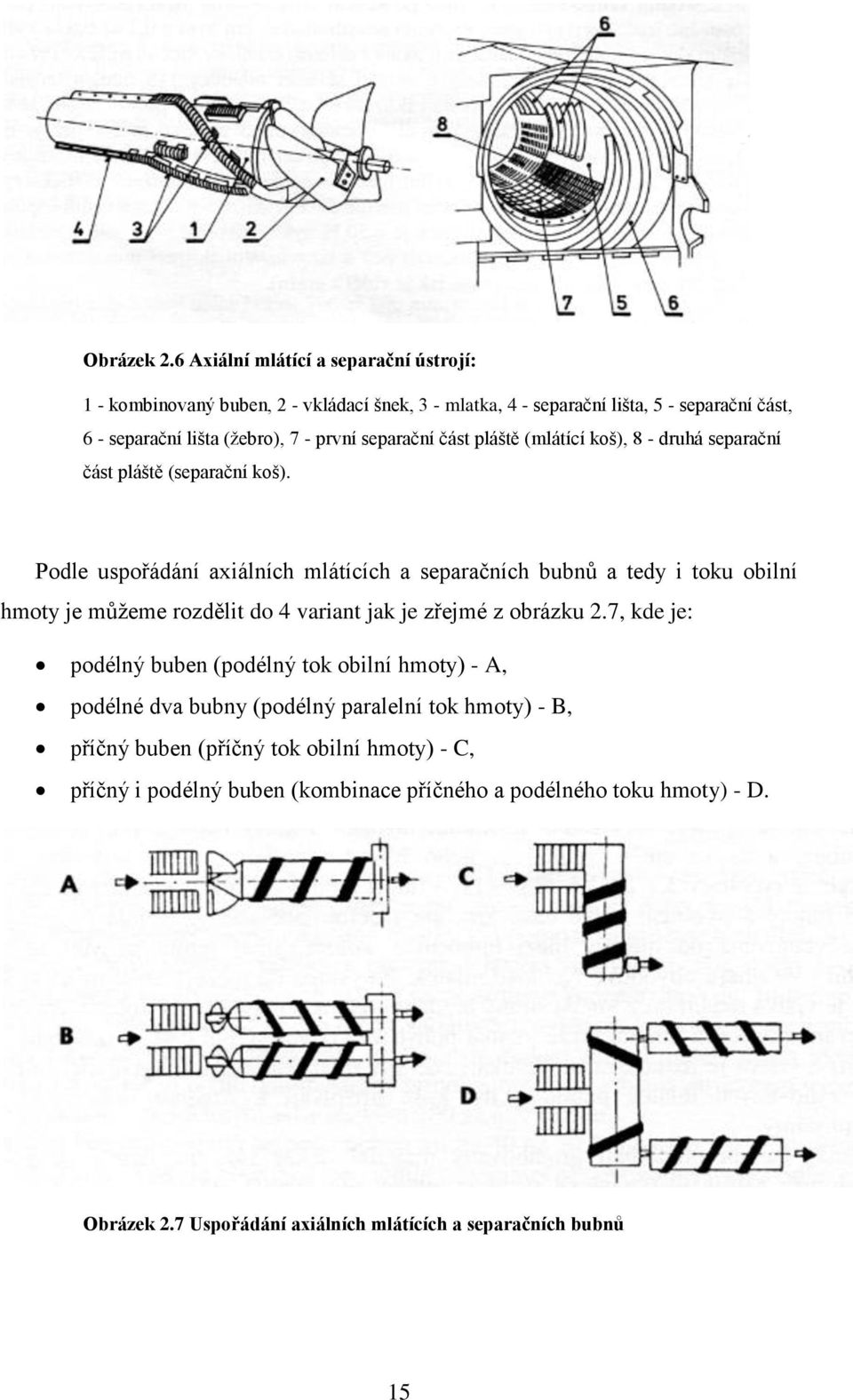 separační část pláště (mlátící koš), 8 - druhá separační část pláště (separační koš).