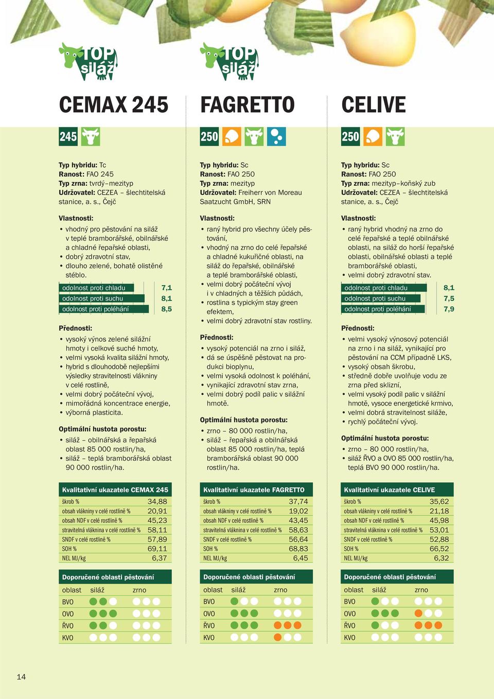 odolnost proti chladu 7,1 8,1 odolnost proti poléhání 8,5 vysoký výnos zelené silážní hmoty i celkové suché hmoty, velmi vysoká kvalita silážní hmoty, hybrid s dlouhodobě nejlepšími výsledky