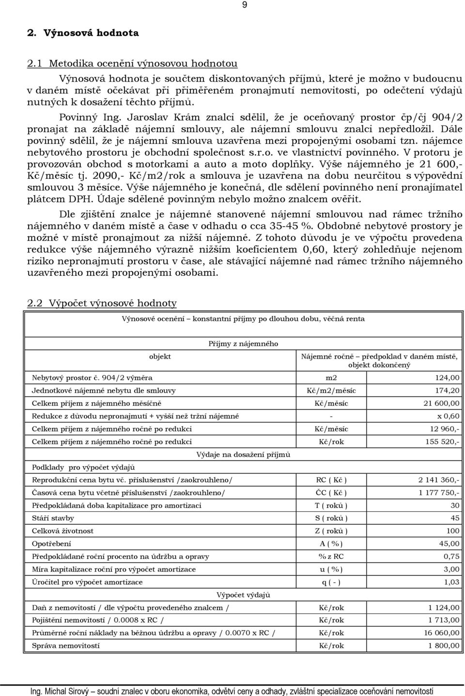 nutných k dosažení těchto příjmů. Povinný Ing. Jaroslav Krám znalci sdělil, že je oceňovaný prostor čp/čj 904/2 pronajat na základě nájemní smlouvy, ale nájemní smlouvu znalci nepředložil.