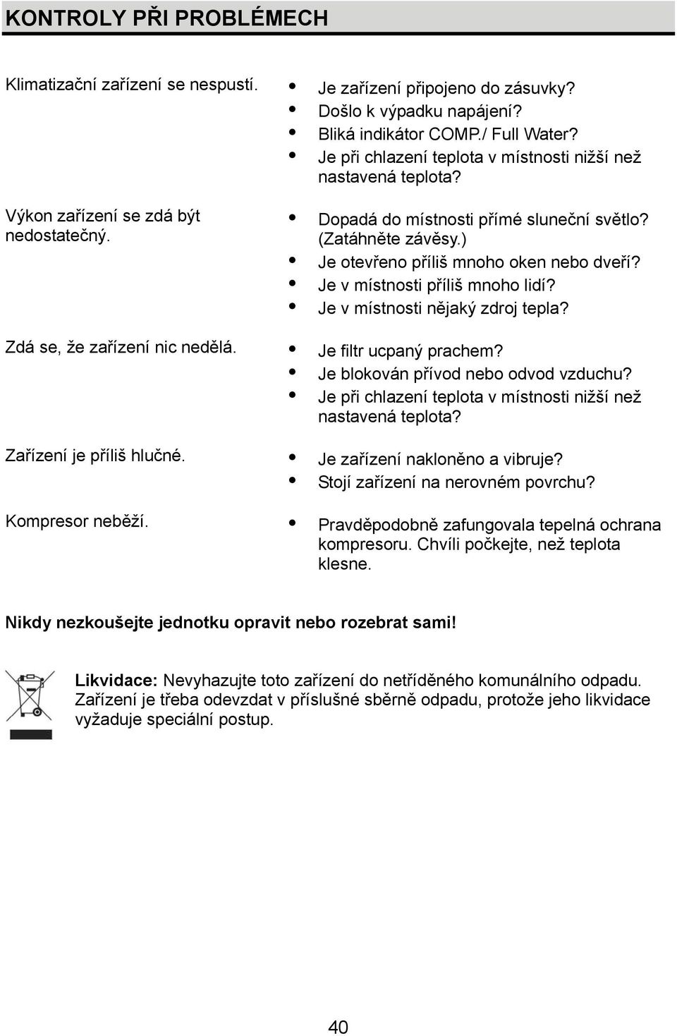 Dopadá do místnosti přímé sluneční světlo? (Zatáhněte závěsy.) Je otevřeno příliš mnoho oken nebo dveří? Je v místnosti příliš mnoho lidí? Je v místnosti nějaký zdroj tepla? Je filtr ucpaný prachem?