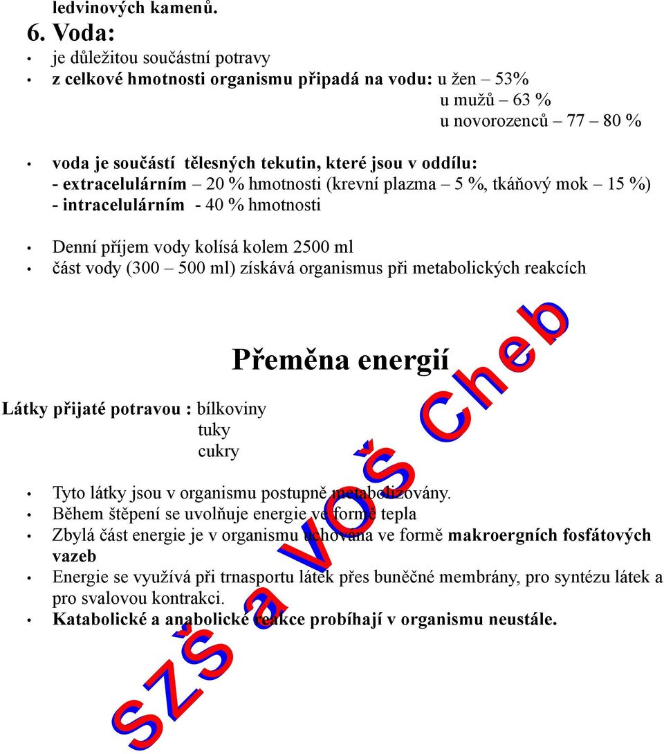 extracelulárním 20 % hmotnosti (krevní plazma 5 %, tkáňový mok 15 %) - intracelulárním - 40 % hmotnosti Denní příjem vody kolísá kolem 2500 ml část vody (300 500 ml) získává organismus při