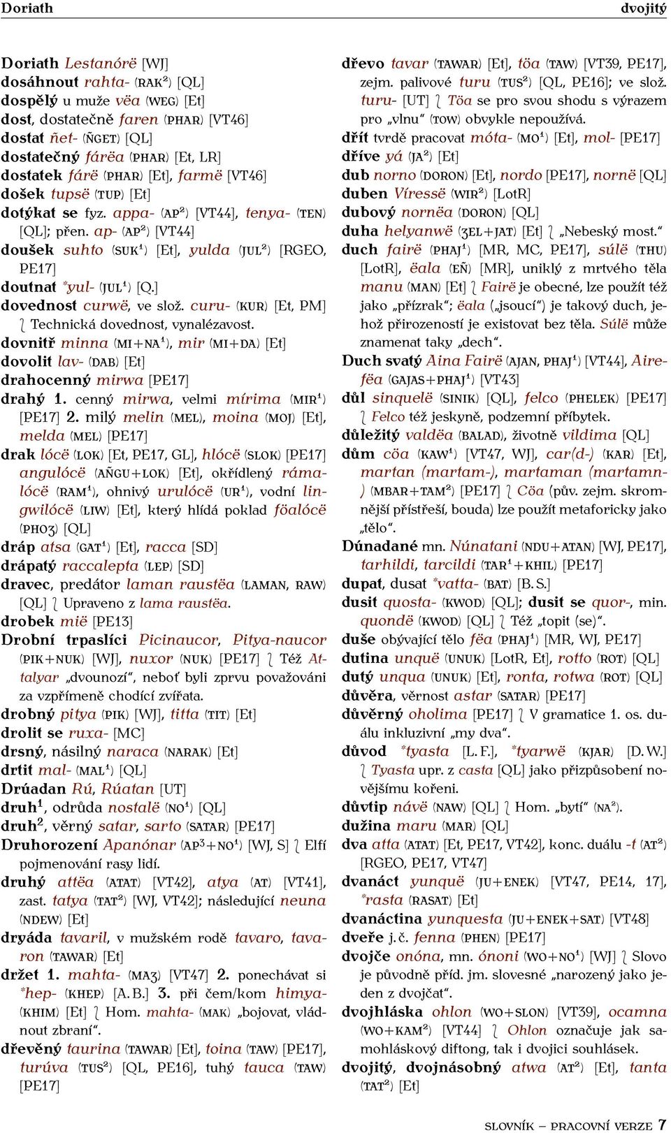 ap- (AP 2 ) [VT44] doušek suhto (SUK 1 ) [Et], yulda (JUL 2 ) [RGEO, PE17] doutnat *yul- (JUL 1 ) [Q.] dovednost curwë, ve slož. curu- (KUR) [Et, PM] Technická dovednost, vynalézavost.