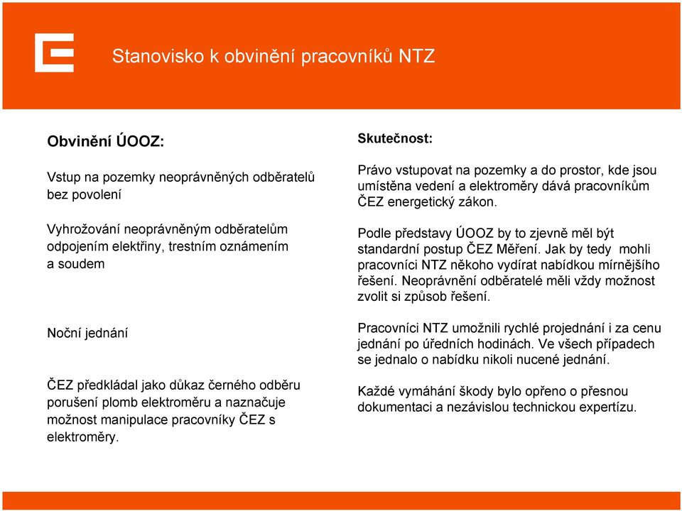 Skutečnost: Právo vstupovat na pozemky a do prostor, kde jsou umístěna vedení a elektroměry dává pracovníkům ČEZ energetický zákon.