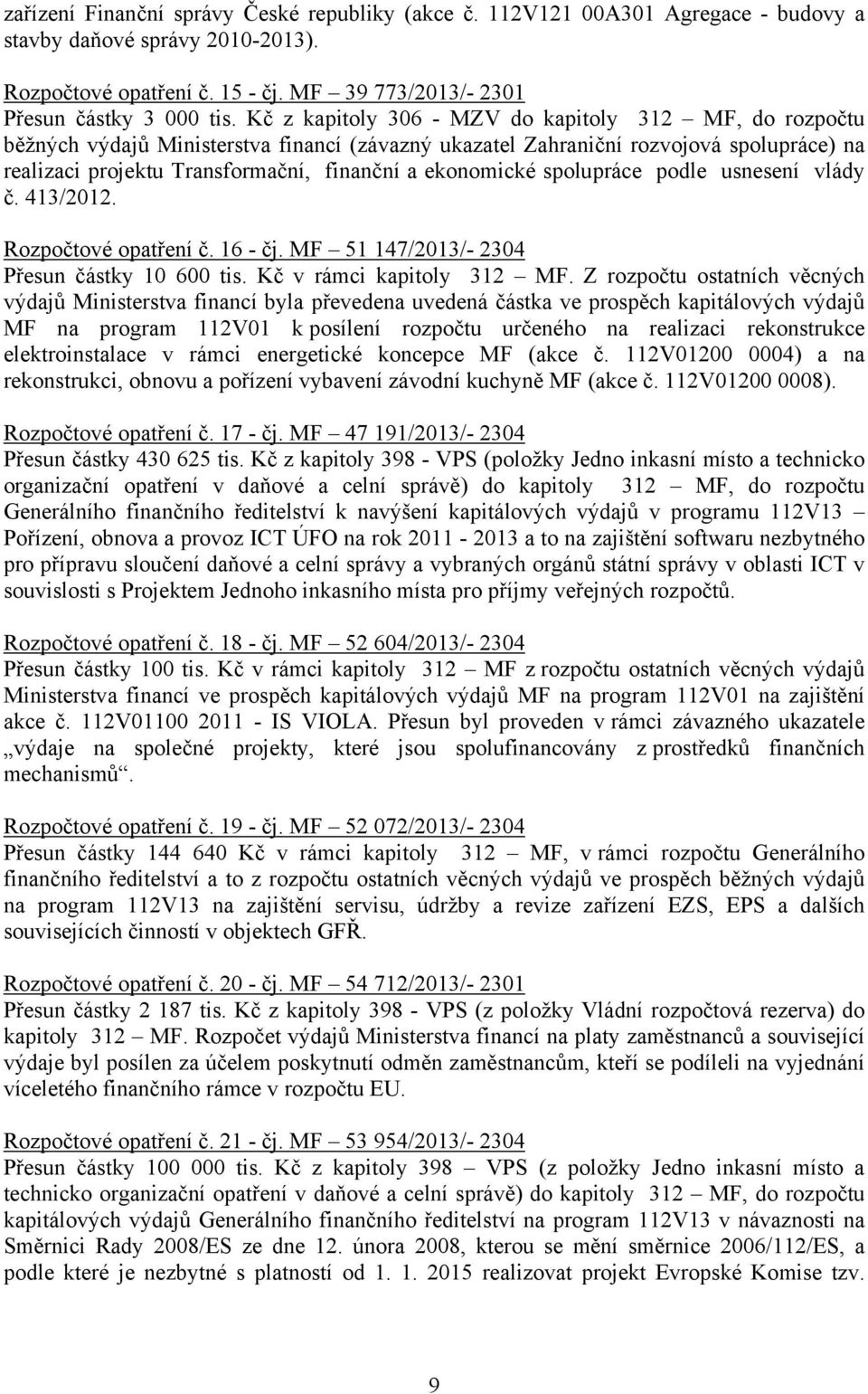 ekonomické spolupráce podle usnesení vlády č. 413/2012. Rozpočtové opatření č. 16 - čj. MF 51 147/2013/- 2304 Přesun částky 10 600 tis. Kč v rámci kapitoly 312 MF.