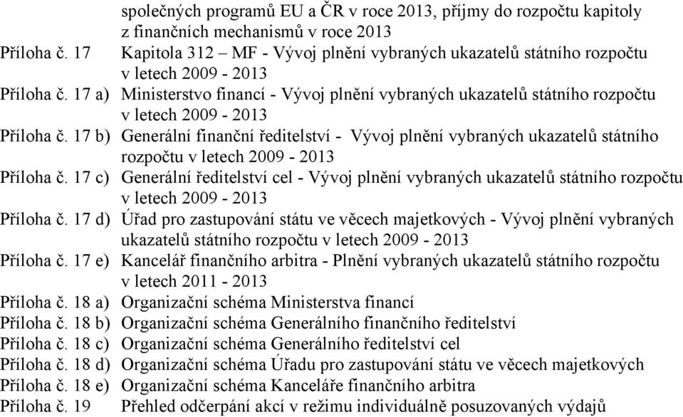 a) Ministerstvo financí - Vývoj plnění vybraných ukazatelů státního rozpočtu v letech 2009-2013  17 b) Generální finanční ředitelství - Vývoj plnění vybraných ukazatelů státního rozpočtu v letech