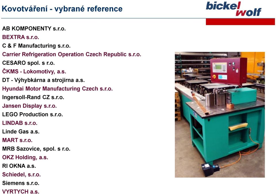 r.o. Jansen Display s.r.o. LEGO Production s.r.o. LINDAB s.r.o. Linde Gas a.s. MART s.r.o. MRB Sazovice, spol. s r.o. OKZ Holding, a.