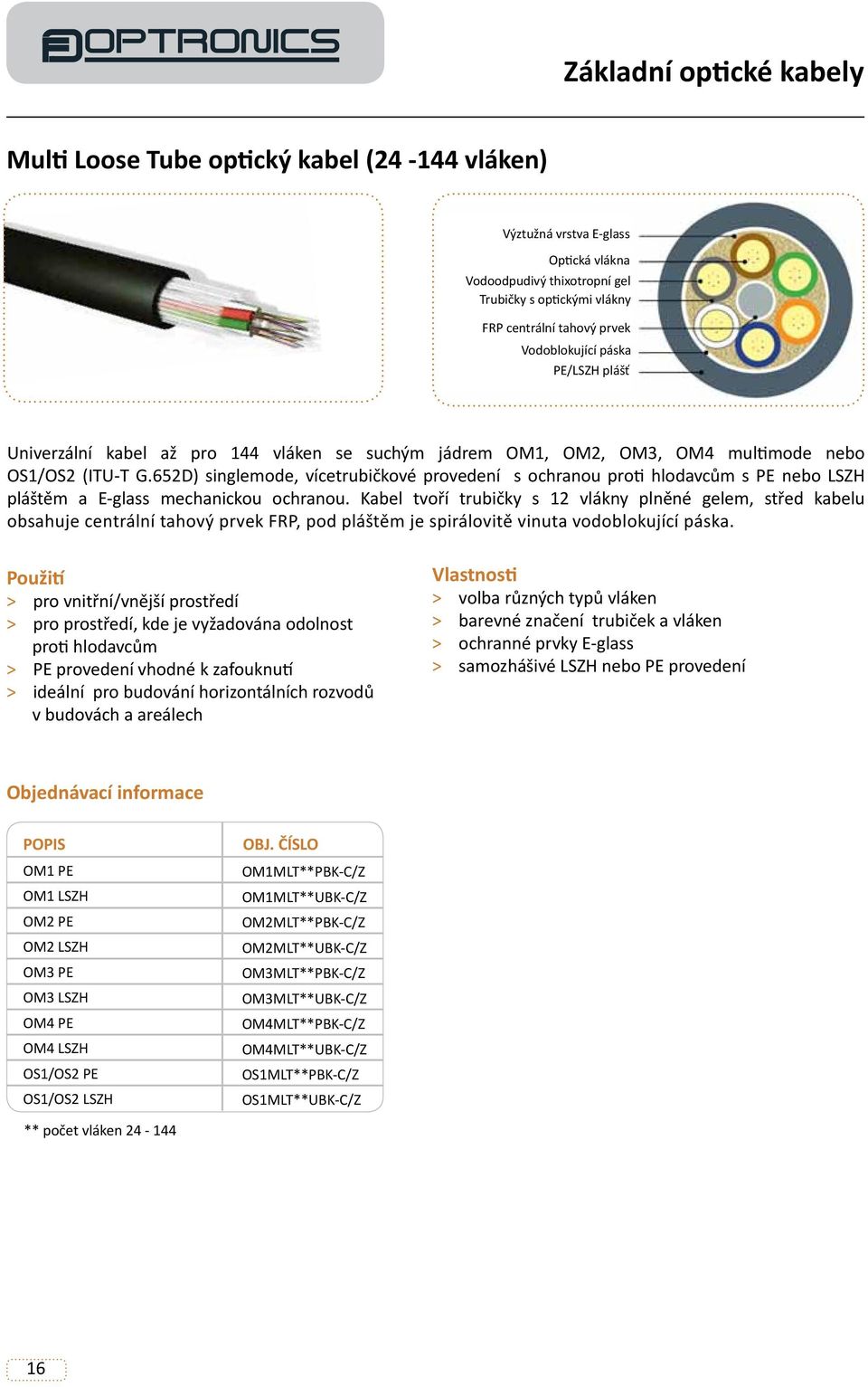 652D) singlemode, vícetrubičkové provedení s ochranou proti hlodavcům s PE nebo LSZH pláštěm a E-glass mechanickou ochranou.