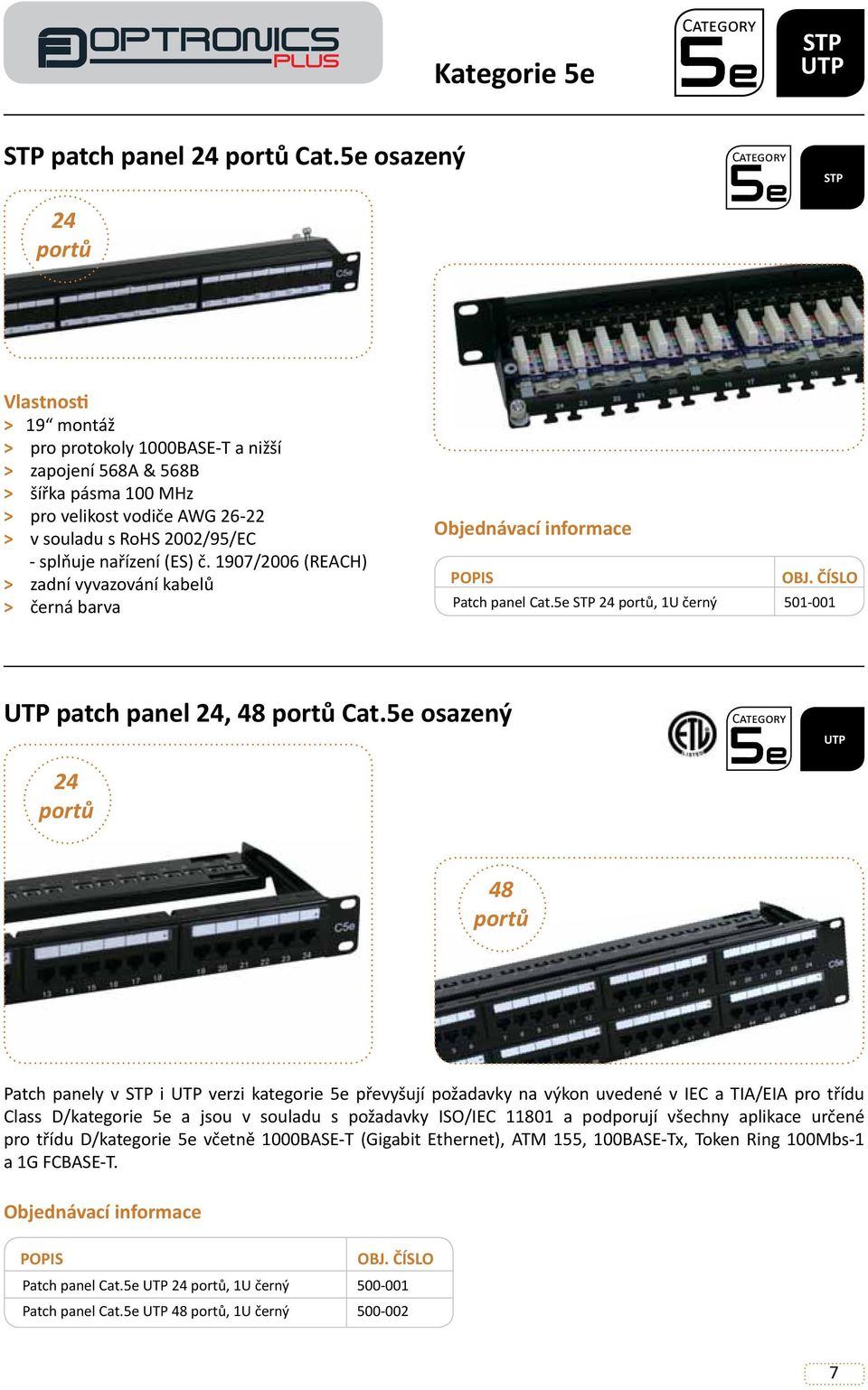 (ES) č. 1907/2006 (REACH) > zadní vyvazování kabelů > černá barva Patch panel Cat.5e STP 24 portů, 1U černý 501-001 UTP patch panel 24, 48 portů Cat.