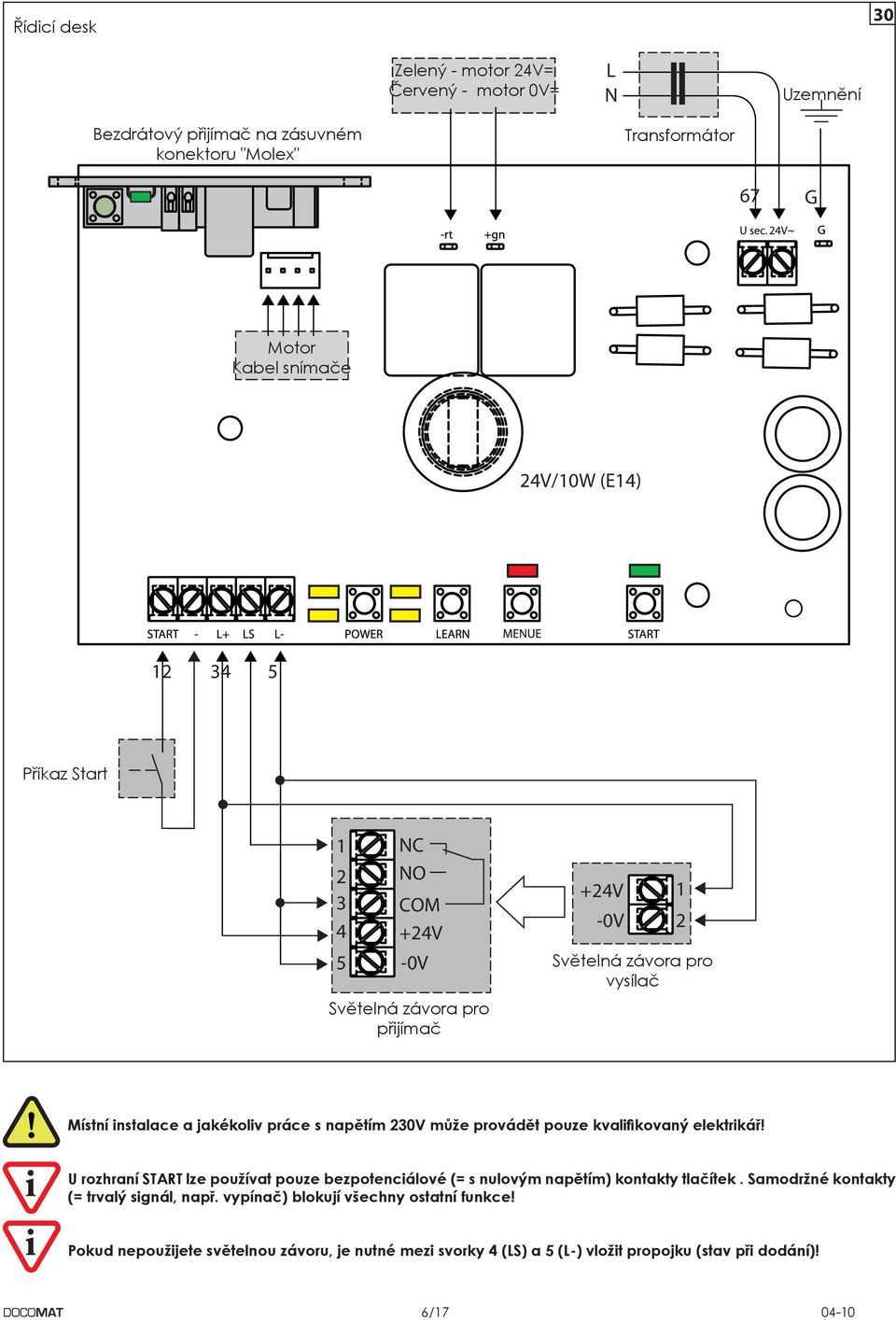 může provádět pouze kvalifikovaný elektrikář! U rozhraní START lze používat pouze bezpotenciálové (= s nulovým napětím) kontakty tlačítek.