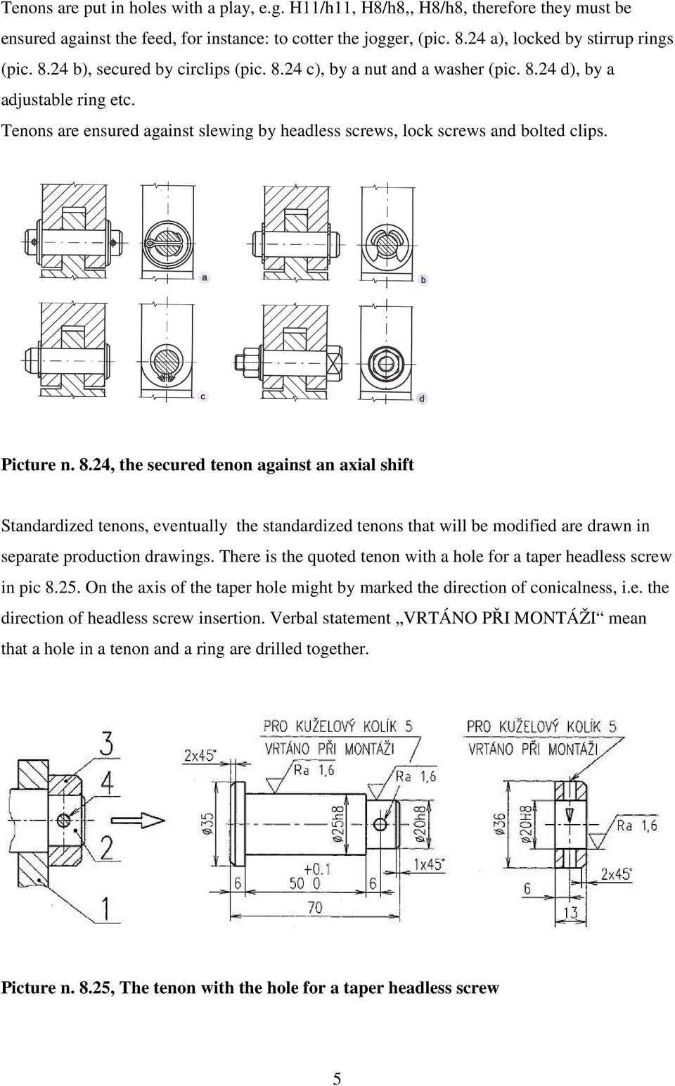 24 d), by a adjustable ring etc. Tenons are ensured against slewing by headless screws, lock screws and bolted clips. Picture n. 8.