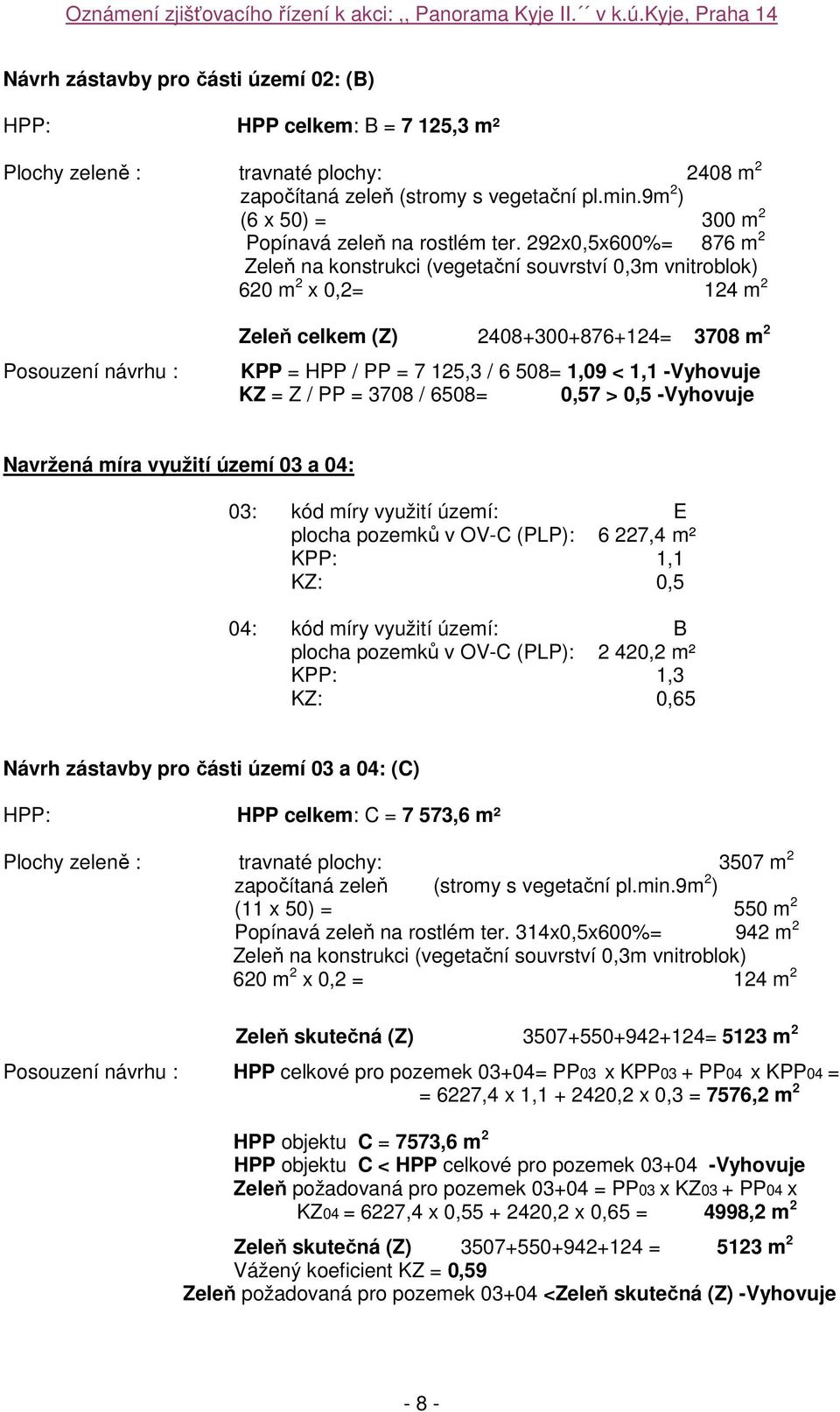 292x0,5x600%= 876 m 2 Zeleň na konstrukci (vegetační souvrství 0,3m vnitroblok) 620 m 2 x 0,2= 124 m 2 Posouzení návrhu : Zeleň celkem (Z) 2408+300+876+124= 3708 m 2 KPP = HPP / PP = 7 125,3 / 6 508=