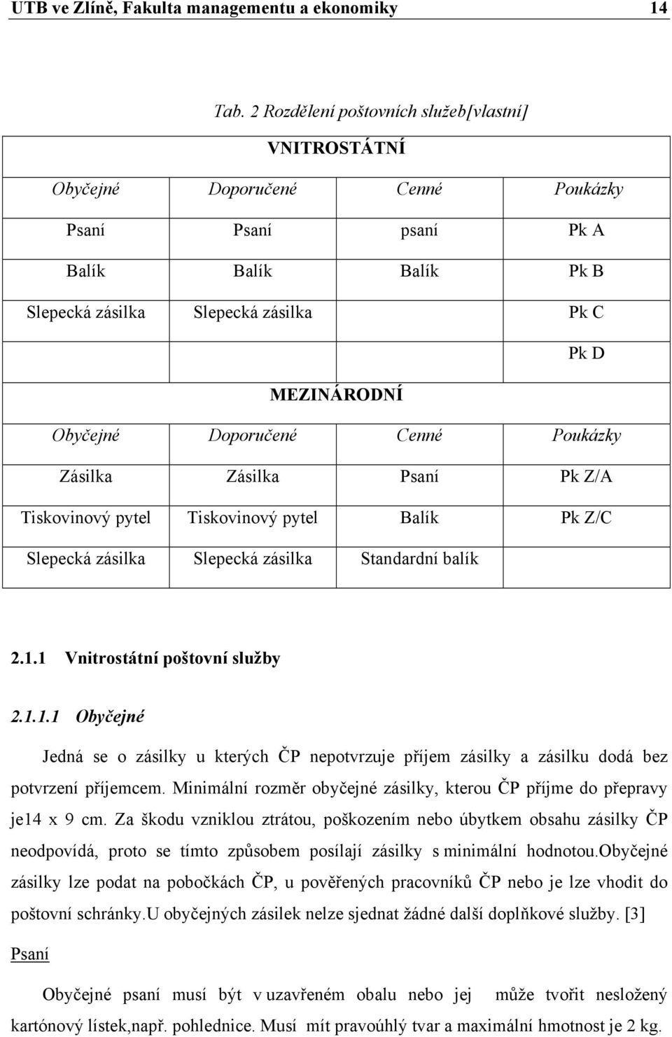 Doporučené Cenné Poukázky Zásilka Zásilka Psaní Pk Z/A Tiskovinový pytel Tiskovinový pytel Balík Pk Z/C Slepecká zásilka Slepecká zásilka Standardní balík 2.1.