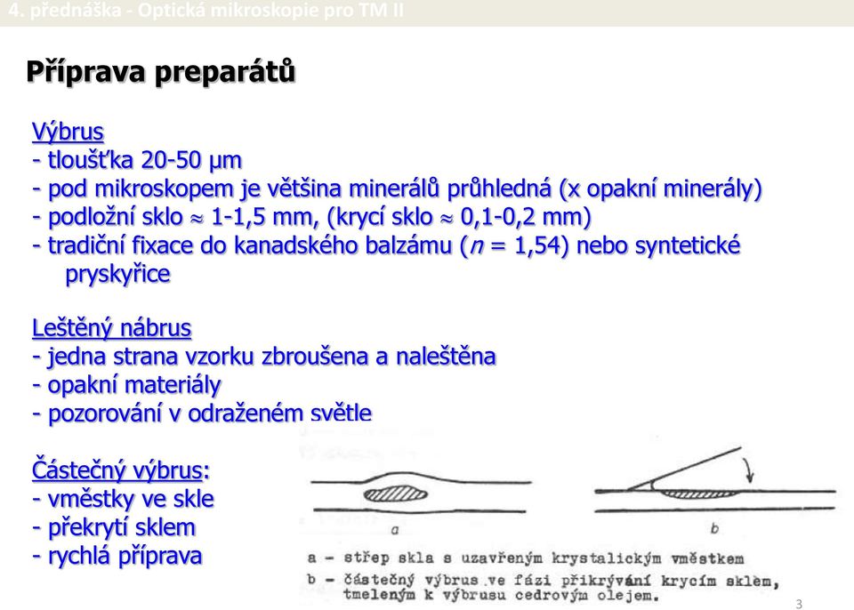 1,54) nebo syntetické pryskyřice Leštěný nábrus - jedna strana vzorku zbroušena a naleštěna - opakní