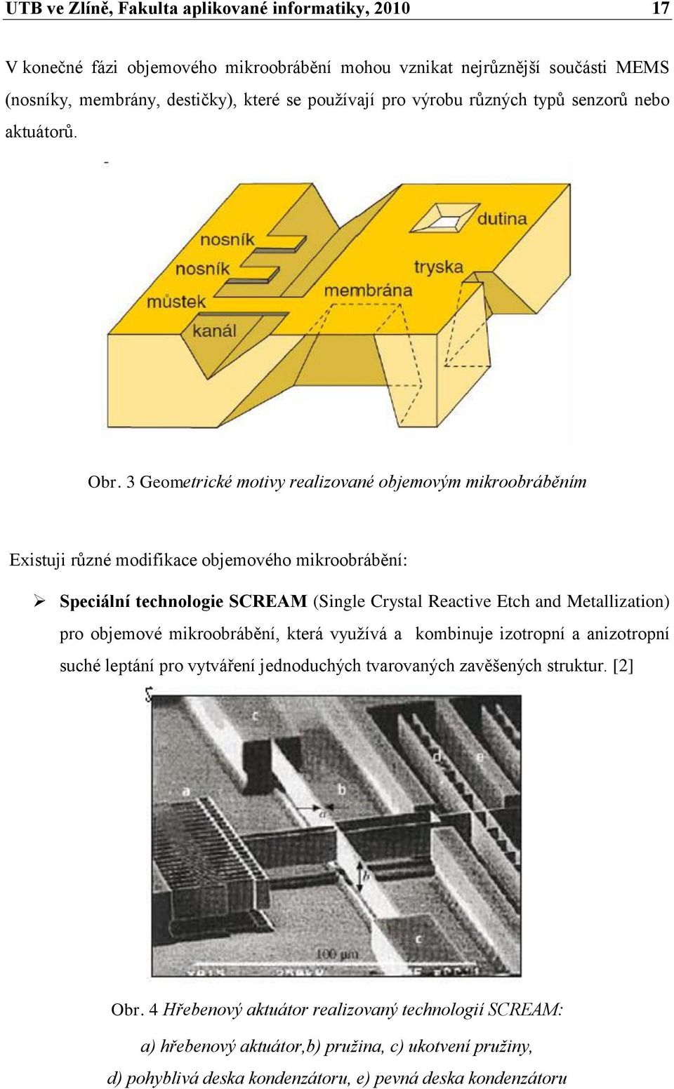 3 Geometrické motivy realizované objemovým mikroobráběním Existuji různé modifikace objemového mikroobrábění: Speciální technologie SCREAM (Single Crystal Reactive Etch and Metallization)