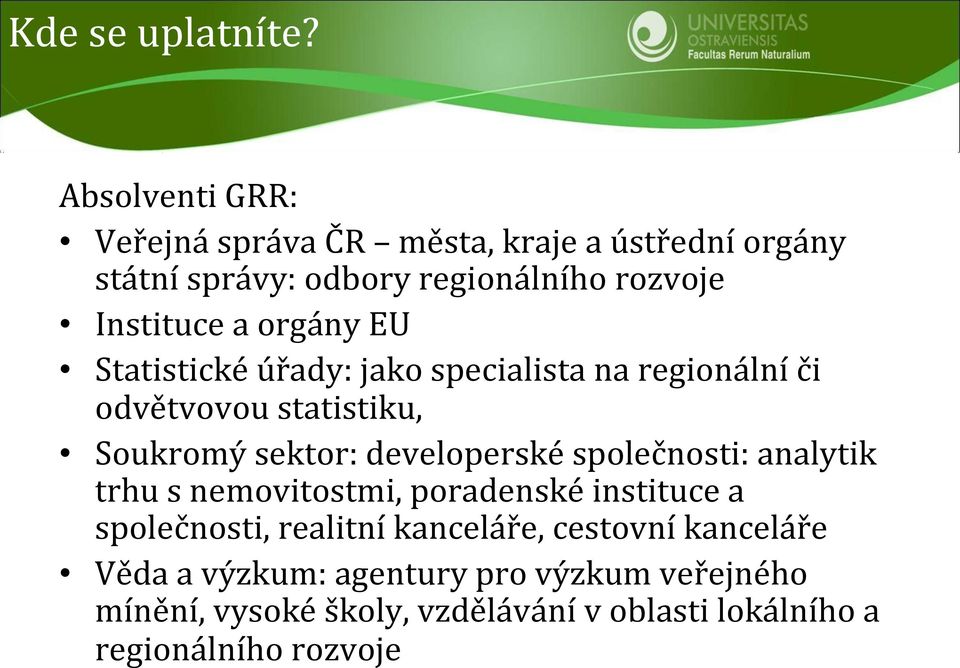 orgány EU Statistické úřady: jako specialista na regionální či odvětvovou statistiku, Soukromý sektor: developerské