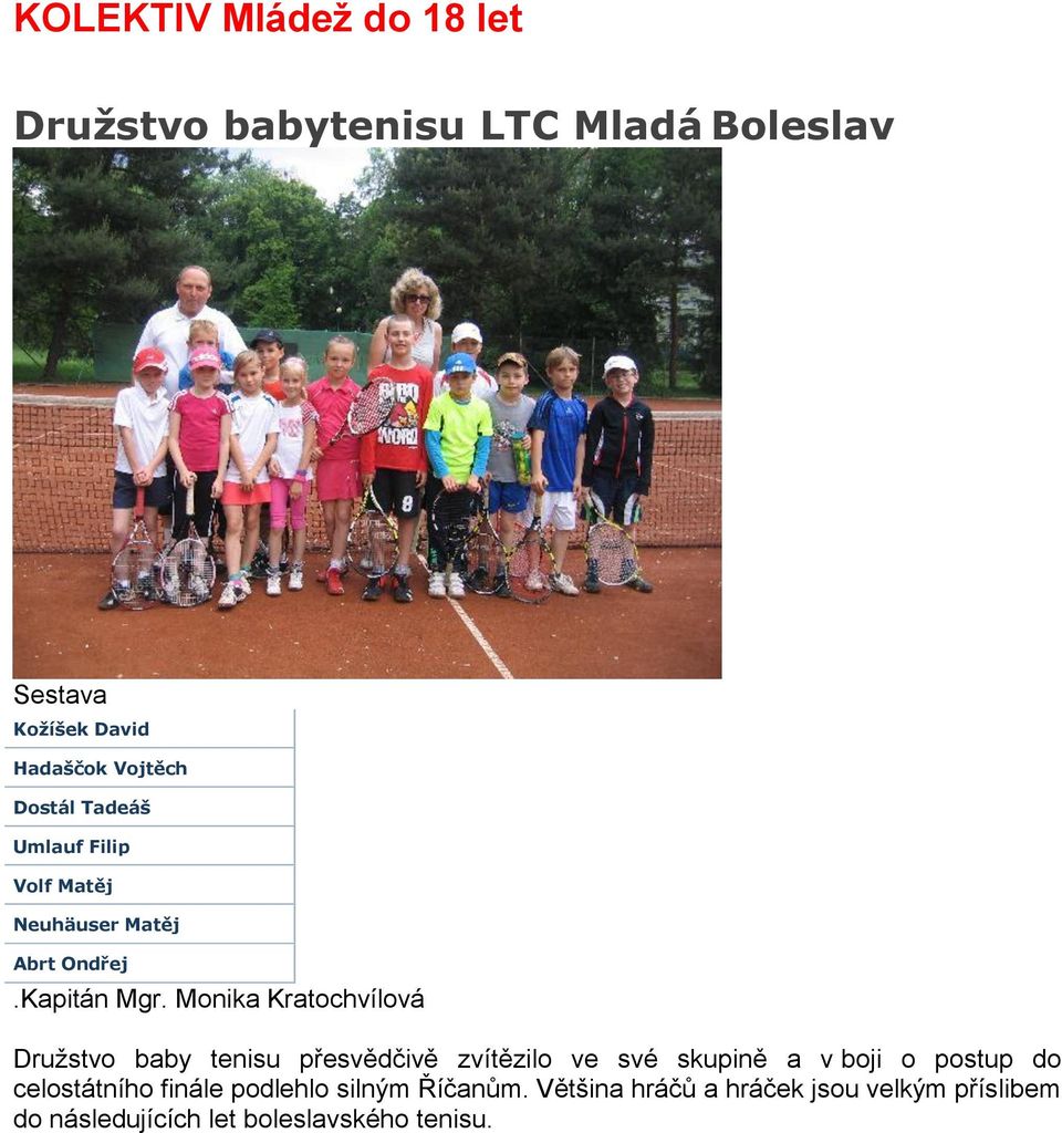 Monika Kratochvílová Družstvo baby tenisu přesvědčivě zvítězilo ve své skupině a v boji o postup do