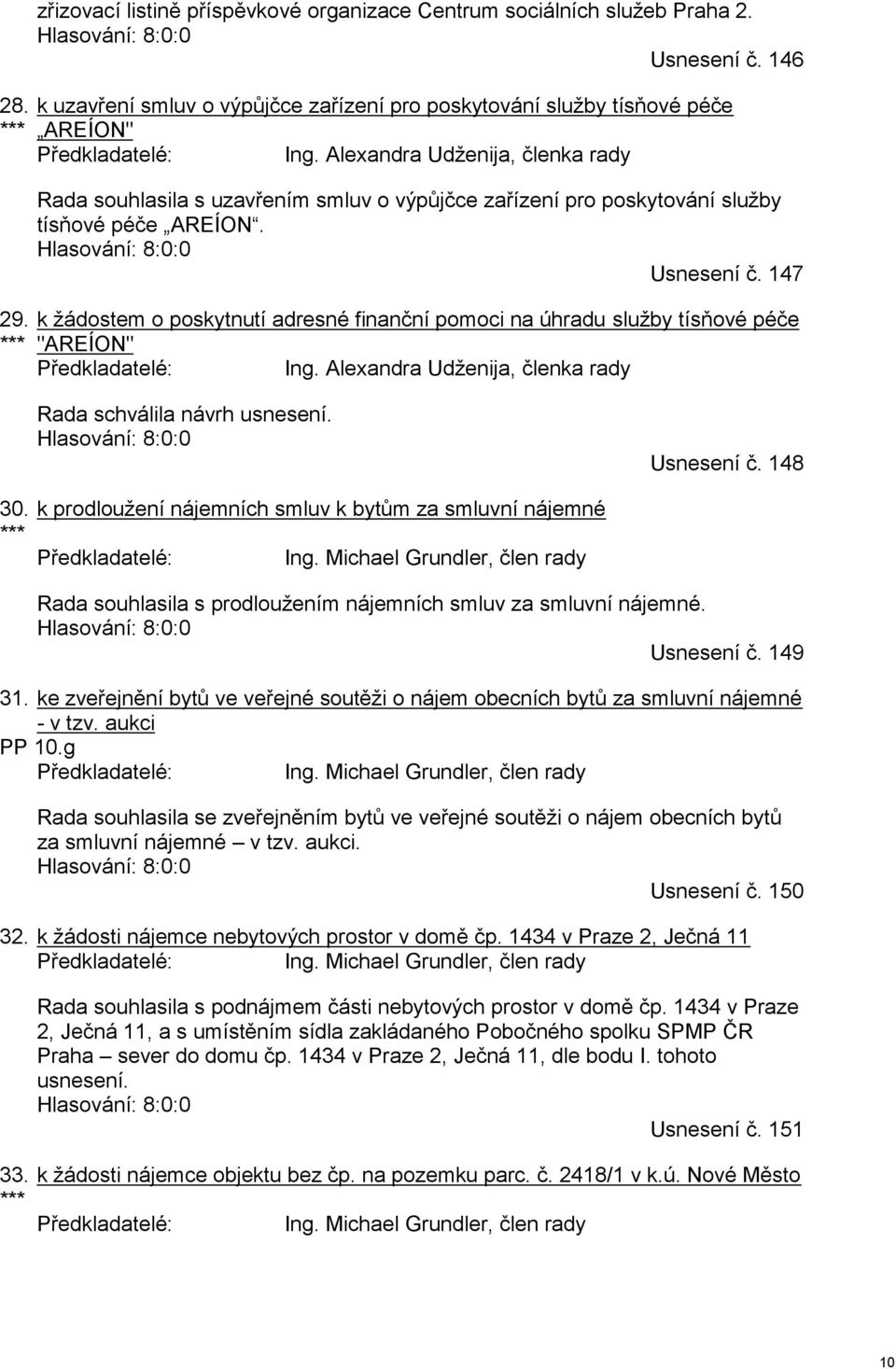 Alexandra Udženija, členka rady Rada souhlasila s uzavřením smluv o výpůjčce zařízení pro poskytování služby tísňové péče AREÍON. Hlasování: 8:0:0 Usnesení č.