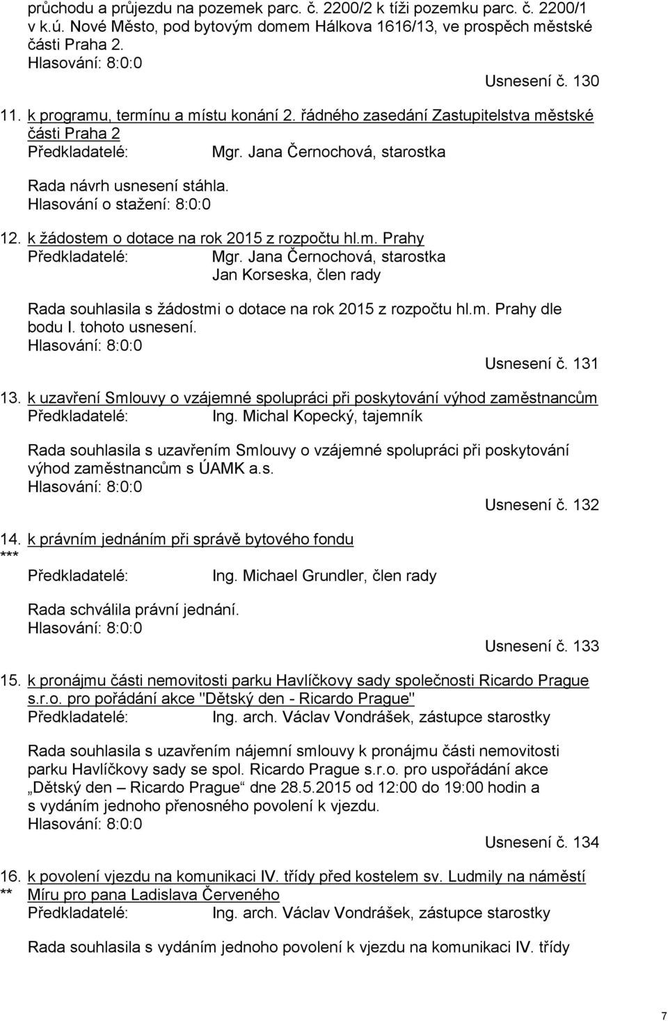 Hlasování o stažení: 8:0:0 12. k žádostem o dotace na rok 2015 z rozpočtu hl.m. Prahy Předkladatelé: Mgr.